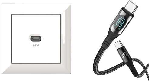 EHMANN 2in1 Bundle, Unterputz USB-Ladestation, USB-C 65 Watt Charger, weiß & USB C/C Kabel, Laden(100W) + Datentransfer(480Mbps) + Leistungsmessung (Digitalanzeige), 3m Länge, Power Delivery (PD)