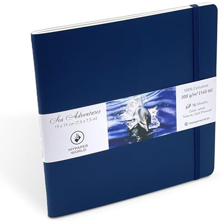 Mypaperworld quadratisch doppelseitig Aquarell Skizzenbuch Aquarellpapier Sketchbook Aquarell Watercolor300 g/m² 19х19 cm, 16 Blätter, 32 Seiten - Dunkel Blau