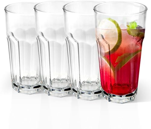 ALIMOTA Set de 4 Trinkgläser stapelbar für Camping, Kunststoffgläser, Bruchfest, Geeignet für kalte und heiße Getränke, Spülmaschinenfest, Für Familie, Party und Restaurant (405 ml)