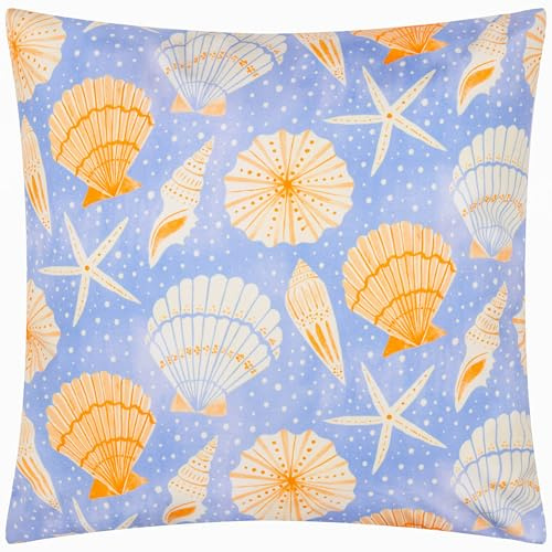 furn. Sea Shells Polyester Filled Cushion – Reversible Water Resistant Nautical Coastal Outdoor Decorative Pillow (Blue - 45x45cm)