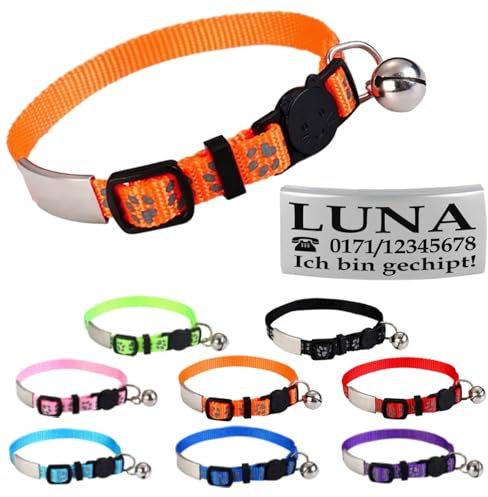 Ibera gifts - Katzenhalsband Personalisiert, Katzenhalsband mit Namen Für Katzen mit Sicherheitsverschluss Selbstöffnend, Reflektierend (Orange)
