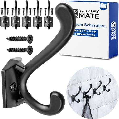 Haken zum Schrauben, 6 Stück, in Schwarz, Außen 85 x 28 x 27 mm, Doppelhaken inkl. Holzschrauben, Garderobenhaken für Tür, Bad, Küche, Flur, Büro, DIY Metallhaken, Mantelhaken, Huthaken, Wand Haken