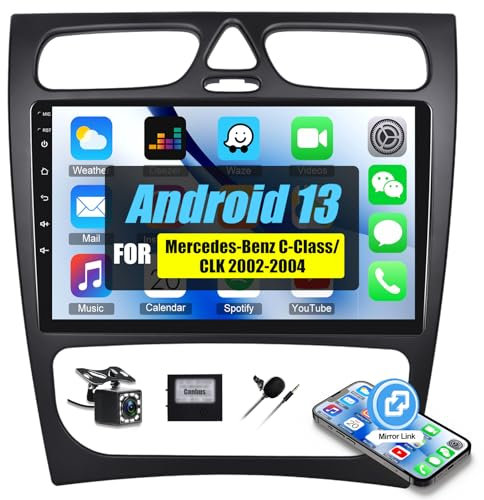 [1+32G] SIXWIN Android 13 Radio Coche para Mercedes-Benz C-Klasse/CLK(4 Türen) 2002-2004, 9 Pulgadas Pantalla Táctil con Bluetooth/GPS/FM/WiFi/USB Enlace Espejo/Mandos en el Volante con Cámara Trasera
