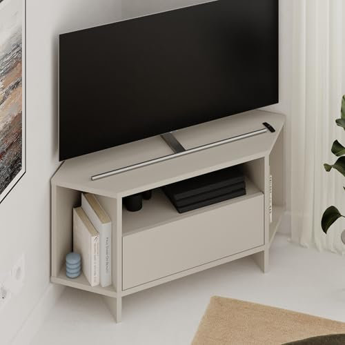 Hocuspicus HOCUS PICUS Modern Corner TV Unit up to 40 Inch TVs, Push to Open Door TV Storage Cabinet and 3 Open Shelves, 95.7(H) cm TV Table for Living Room, Bedroom (Sandstone)