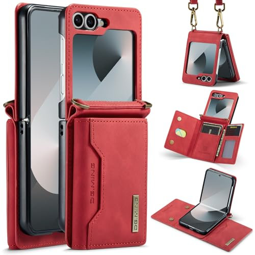 DG.MING Funda tipo cartera para Samsung Galaxy Z Flip 6, funda de piel plegable con 5 ranuras para tarjetas y 3 ranuras para efectivo, funda de teléfono a prueba de golpes con cordón para mujer (rojo)