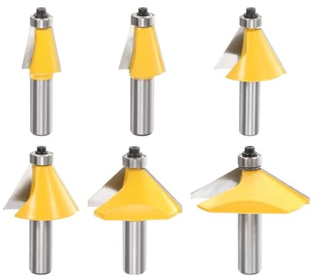 HARFINGTON 6pcs Chamfer Router Bit Set 1/4 Shank 11.25, 15, 22.5, 30, 45, 60 Degree Cutting Angle Carbide Wood Router Bits for Woodworking, Yellow