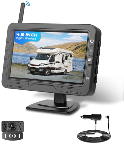Hodozzy Kit Telecamera di Retromarcia Wireless Digitale, Monitor IPS da 4,3 Pollici con Visione Notturna e Impermeabile Telecamera Posteriore per Auto, Facile da Installare, Telecamera di Backup 12V