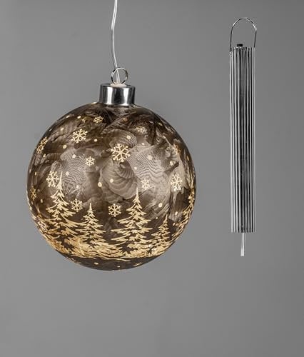 Hänger Kugel Frosty-braun mit LED-Licht + Timer 10cm aus Farbglas,Dekoration Weihnachten Beleuchtete Weihnachtskugel Deko-Kugel hängend