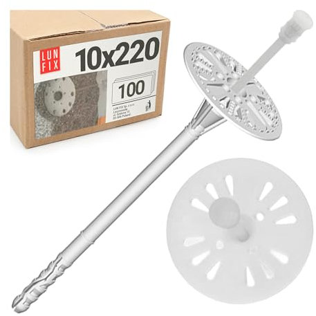 Lun Fix Lot de 100 chevilles d'isolation 10 x 220 mm – Chevilles à disque, chevilles à percussion WDVS pour polystyrène EPS, chevilles d'isolation pour isolation de façade, chevilles en plastique