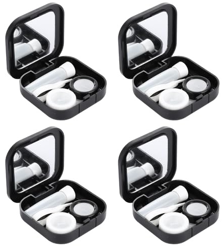 ASelected 4 Pcs Contact Lens Cases with Mirror, Portable Travel Contact Lens Case with Tweezers & Suction Stick & Solution Bottle, Leakproof Contact Lens Container with L and R Caps for Travel