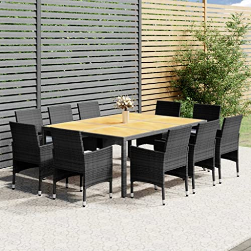 QJBSAVVA 11-teiliges Garten-Essgruppe Poly Rattan 200 x 150 cm klappbare Sitzgruppe mit Akazienholz Esstisch & 10 Stühlen grau witterungsbeständig for Garten Balkon Terrasse XXL Loungemöbel