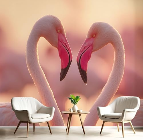 Fototapete Schlafzimmer Realistisch Tier Herz Flamingo 3D Druck Vliestapete, ‎150x105cm (B×H) Wandtapete Wandbilder, für Wohnzimmer, Kinderzimmer, TV Hintergrund Hellrosa Tapete