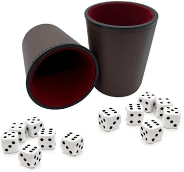 Würfelbecher aus Kunstleder mit 6 Würfeln – 2er Set (Braun - Weinrot)