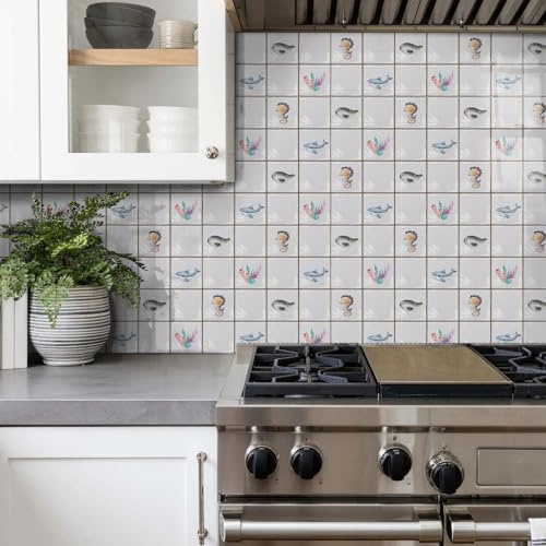 Fliesensticker 30x15 cm Blauer Fisch Seepferd Klebefliesen Boden Wasserdicht PVC Kamin Treppe Küchenrückwand Klebe Fliesen Fliesenfolie Küche Deko Fliesenaufkleber Bad 24 Stück