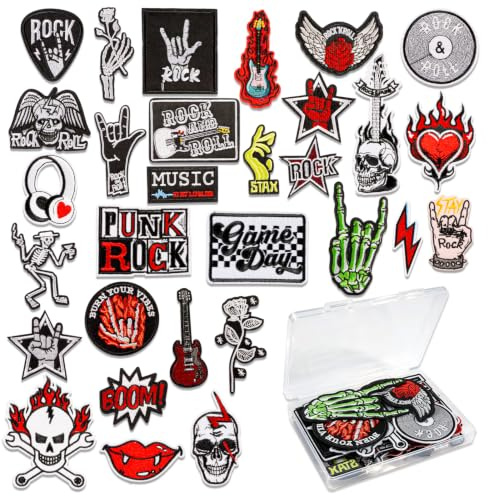 NAESM 30 Pcs Punk Rock Iron-on Patches, Music Skull Embroidered Appliques, Rock Band Patches, for Jackets, Clothing, Jeans, Hats, DIY Accessories