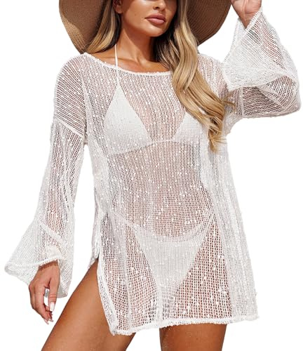 Panegy Swimsuit Coverup for Women Knit Long Sleeve Beachwear Crochet Hollow Out Bikini Top Summer Holiday Dress