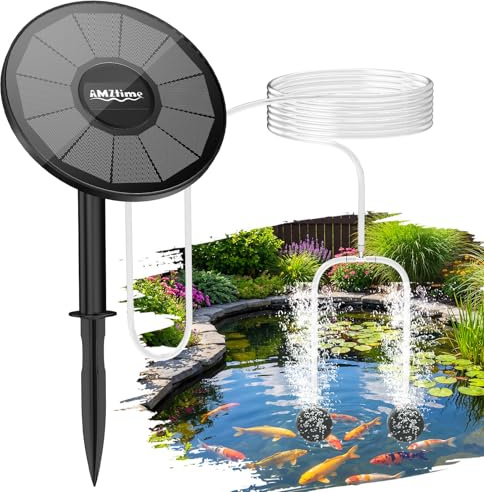 AMZtime 3W Solar Teichbelüfter mit 2200 mAh Akku, Integriertes Teichbelüfter Sauerstoffpumpe mit rundem Solarpanel, Sauerstoff Luftpumpe Teich 2 Modi 2 Luftsteine für Gartenteich, Angeln