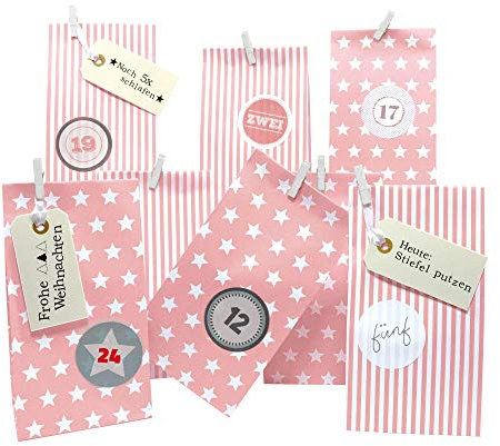 Frau WUNDERVoll® DIY ADVENTSKALENDER WEIHNACHTSZEIT zum Befüllen (Angebot), rosa Sterne und Streifen, Ziffern pastell, Blockbodenbeutel 12(L)x7(B)x24(H)cm / Weihnachten, Papiertüten, Kinder, Aufkleber