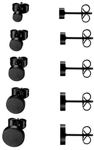 JewelryWe Schmuck 5 Paare Ohrstecker Set, Edelstahl flache runde poliert Ohrringe Ohr-Schmuck für Damen & Herren, Schwarz, Durchmesser 4,5,6,7,8mm