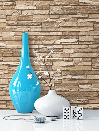 NEWROOM Steintapete Tapete Beige Mauer Stein Landhaus Vliestapete Braun Vlies moderne Design 3D Optik Steintapete Ziegelstein Backstein Mauerwerk Klinker Modern inkl. Tapezier Ratgeber
