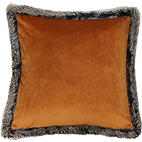 Riva Paoletti Kiruna Square Filled Cushion - Rust Orange Velvet Look and Feel - Faux Fur Edging - Reversible - Hidden Zip Closure - 100% Polyester Case - 45 x 45cm (18 x 18 inches)