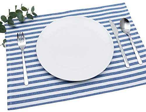 FILU Tischset 4 Stück Blau/Weiß gestreift (Farbe und Design wählbar) 33 x 45 cm - hochwertig gefertigte Platzsets aus 100% Baumwolle im skandinavischen Landhaus-Stil
