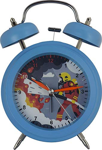 Eurotime Analog Wecker mit Glockenalarm und Feuerwehr-Motiv für Mädchen und Jungen, kein Ticken, schleichende Sekunde, mit Blinklicht, Modell 22074
