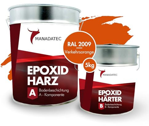 MANADATEC 2k Epoxidharz Bodenbeschichtung 5kg I RAL 2009 Verkehrsorange I Lösemittelfrei, Umweltfreundlich & Geruchsneutral I Beschichtung für Garagen- & Kellerböden I Hohe Schlagfestigkeit