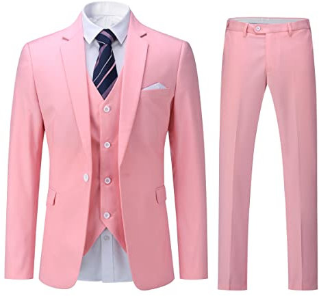 YOUTHUP Costume Homme 3 Pièces Mariage Business Slim Fit Smoking Un Bouton Formel Blazer Veste Gilet et Pantalon, Rose, XL