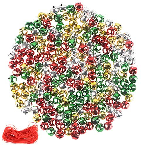 YiYa 200Pcs Weihnachtsklingelglocken Bunte Bastelglocken DIY Glocken, für Weihnachtsfest Dekoration Kranz Ferienhaus Dekoration (1CM, Gold, Silber, Rot, Grün)