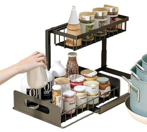 UUE Spülschrank Organizer 2 Etagen Ausziehbar, Unter Waschbecken Regal aus Kohlenstoffstahl (25kg Traglast), Einbauschublade mit Ausziehkörben für Küche/Bad, Zerlegbar (Schwarz)