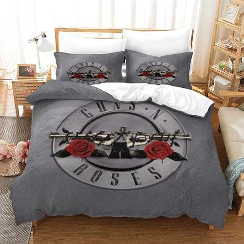 PATO FLIGHT Gun And Rose Bedding Set for Girls Boys Adults Comforter Cover Heavy Metal Duvet Microfiber Cover Room Decor 3D 3Pcs with Pillow Zipper Closure Double(200x200cm)