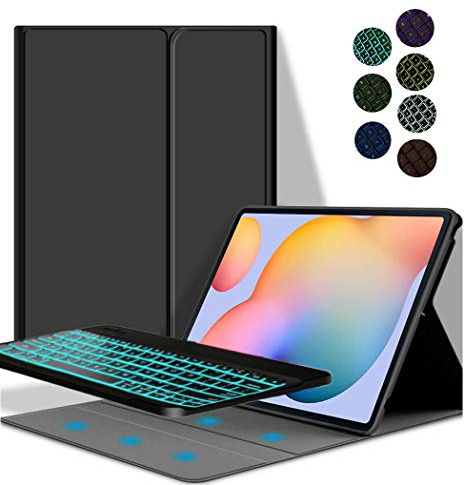 YGoal Teclado Funda para Galaxy Tab A7 Lite, [Teclado Español Ñ] 7 Colors Backlit PU Cuero Funda con Desmontable Wireless Teclado para Samsung Galaxy Tab A7 Lite 8.7 T220/T225, Negro