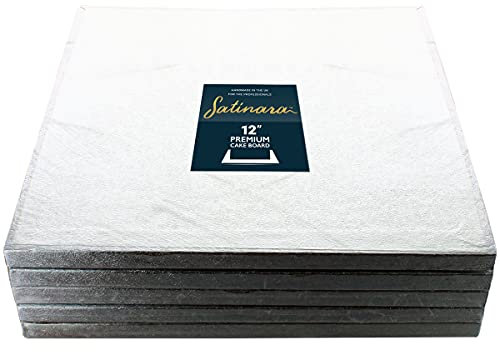 Satinara 12 Cake Boards | 5 Pack | Luxury Cake Drums, Silver Foil Covered, 12mm thick - 12 Inch Square - Pack of 5