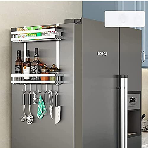 Klivien - Hängeregal Küchenregal für Kühlschrank Aufbewahrung von Gewürzen aus Metall ohne Bohren Multifunktion 2-lagiges mit Küchenreling und 7 Haken (silber)