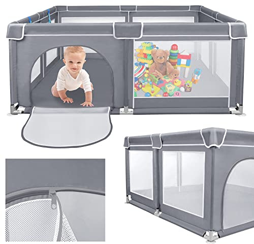 VA-Cerulean Laufstall Baby Laufgitter Schutzgitter Krabbelgitter für Kinder, Tragbares Absperrgitter Aktivitätszentrum, Sicherheitsspielplatz mit Rutschfester Basis, 200x180cm, Grau