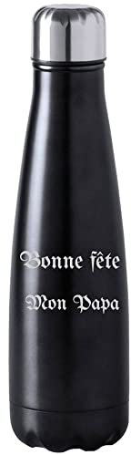 Bouteille noir personnalisée gravée – Gravure texte sur gourde en acier – Modèle noir verni & bouchon argenté – Bouteille personnalisable