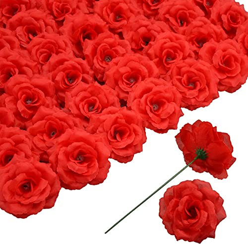 Rosenkopf Blumen mit Stiel, 50 künstliche Blumen, Verwendet für Hochzeit Dekoration DIY Handgemachte Blumen Seide gefälschte Rose 3 Zoll und 6 Zoll Stiel (Rot)