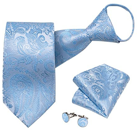DiBanGu Herren-Krawatten-Set, Paisleymuster, Blumenmuster, Krawatte, Einstecktuch, Manschettenknöpfe, Seidenkrawatten-Set, Party, Hochzeit, Hellblaues Paisleymuster, Einheitsgröße
