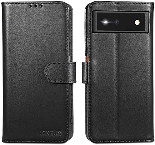 LENSUN Lederhülle für Google Pixel 6, Handyhülle [Echtes Leder] [Kartenfach] [RFID Schutz] Echtleder Hülle Handytasche Klappbar für Google Pixel 6 5G - Schwarz