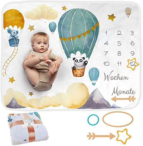 ODOXIA Meilenstein Decke auf Deutsch | Monatsdecke Baby Junge & Mädchen, Unisex | Motiv Luftballon | Personalisiertes Neugeborenen-Geschenk für Mütter | Babydecke | Meilensteindecke und Rahmen