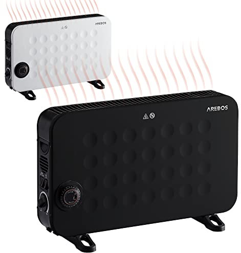 Arebos Konvektor 2000 W | 3 leistungsstarke Heizstufen | Regelbares Thermostat | Energiesparend | Überhitzungsschutz | mobiles Heizgerät mit Timerfunktion | zuschaltbares Turbogebläse | Schwarz