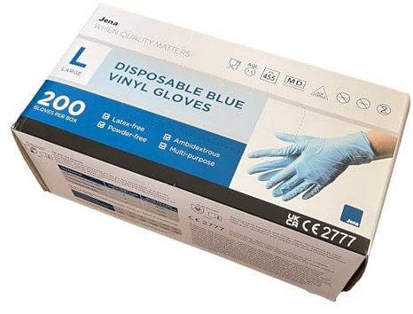 Jena Blue Vinyl Gloves, 200 Pack in Large