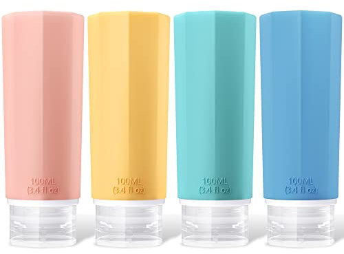 Opret Bottiglie da Viaggio 100ml in Silicone, 4 Pezzi Kit Contenitori da Viaggio Flaconi con Custodia per Shampoo, Liquidi and Lozione, Nessun BPA