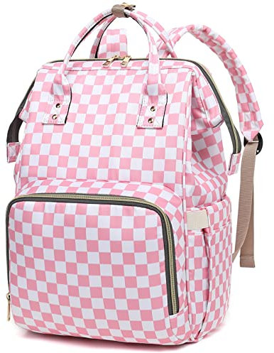 Dezcrab Laptop-Rucksack für Damen, College, Büchertasche, Schulrucksack, Arbeit, Business, Reisen, 39,6 cm (15,6 Zoll), Computer-Rucksäcke, kariert pink, 10.6 x 7 x 16.9 inches, Classic
