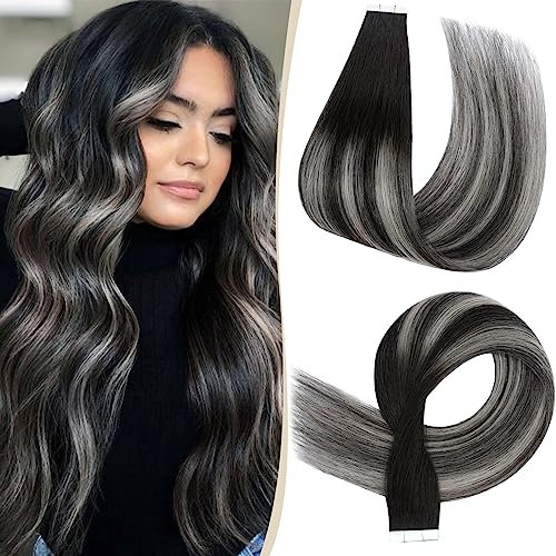 SEGO Tape Extensions Echthaar Haarverlängerung 10 Tressen Klebeband 25g Balayage Haarteile 7A Glatt 100% Remy Human Haar 50.8 cm (25 g) Naturschwarz/Grau #1BT1BPGREY