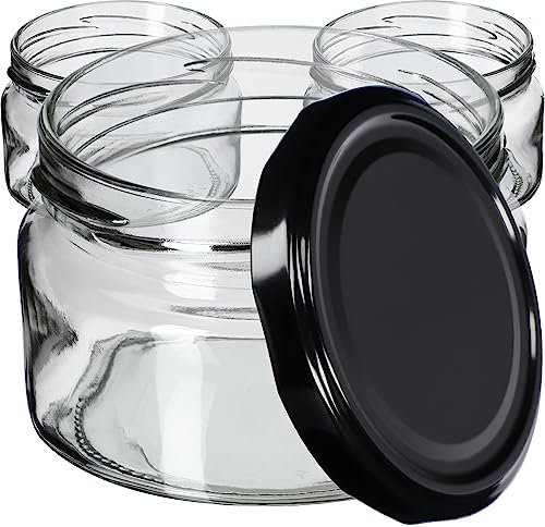KADAX Lot de 10 bocaux à confiture, 250 ml, avec couvercle Twist-Off fi82, hermétiques et lavables au lave-vaisselle, en verre épais, choix de bouchons à vis, noirs