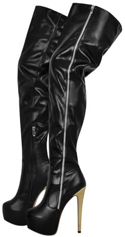 blingqueen Stivali sopra il ginocchio a spillo da donna con plateau, Poliuretano nero., 43 EU