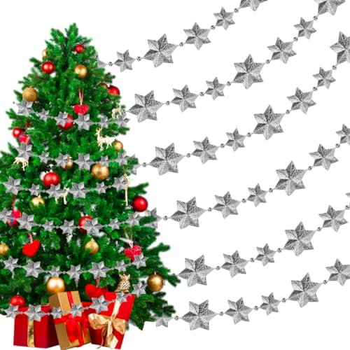 SCHYIDA Guirnalda para Árbol de Navidad de Estrellas Plateadas de 10 m Decoración para Árbol de Navidad Guirnalda Navideña para Puerta Ventana Pared