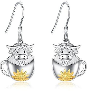 Hochlandkuh Ohrringe Sterling Silber Hochlandkuh Tasse Ohrhänger Niedlicher Tierschmuck Geschenke für Frauen Mädchen